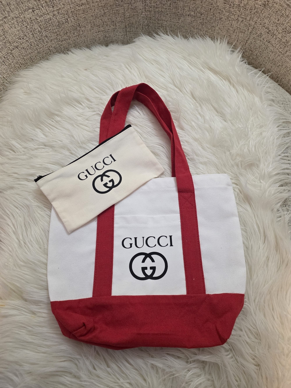 White and Red Canvas Tote with Pouch